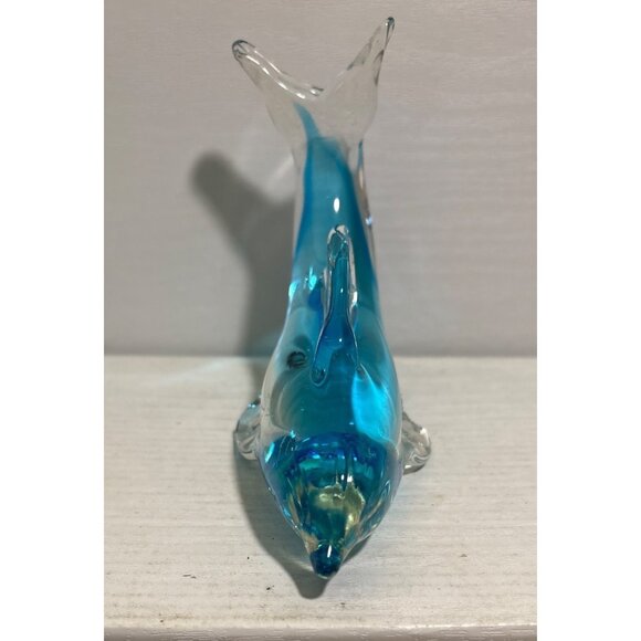 Hand Blown Glass Dolphin Figurine Paperweight Blue & Clear 6" Beach Nautical - Picture 3 of 7